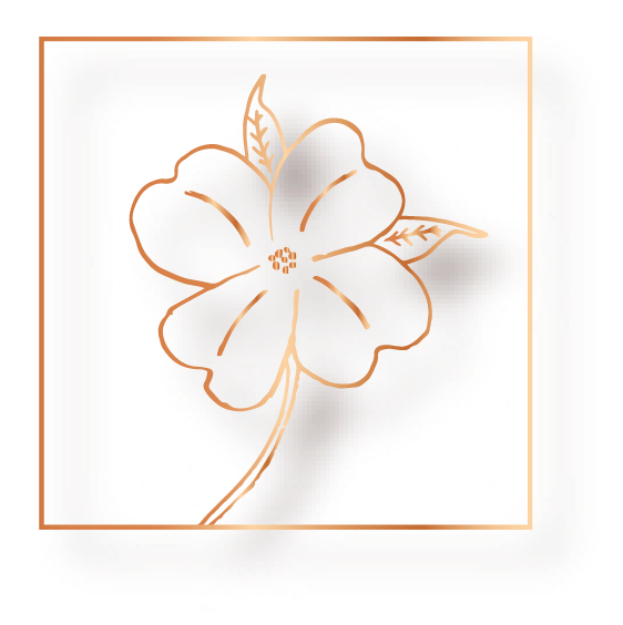 A golden outline of a flower with petals and leaves inside a golden square on a white background.