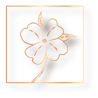 A golden outline of a flower with petals and leaves inside a golden square on a white background.