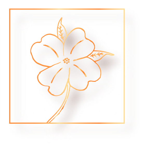 Golden outline of a flower with leaves inside a golden square on a white background.