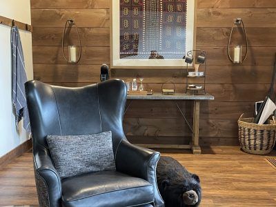 A black leather armchair with a pillow, with a pig curled up at its feet