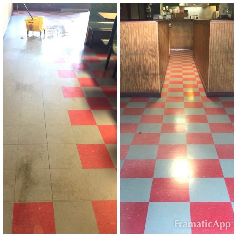 A before and after photo of a dirty and cleaned checkered floor.
