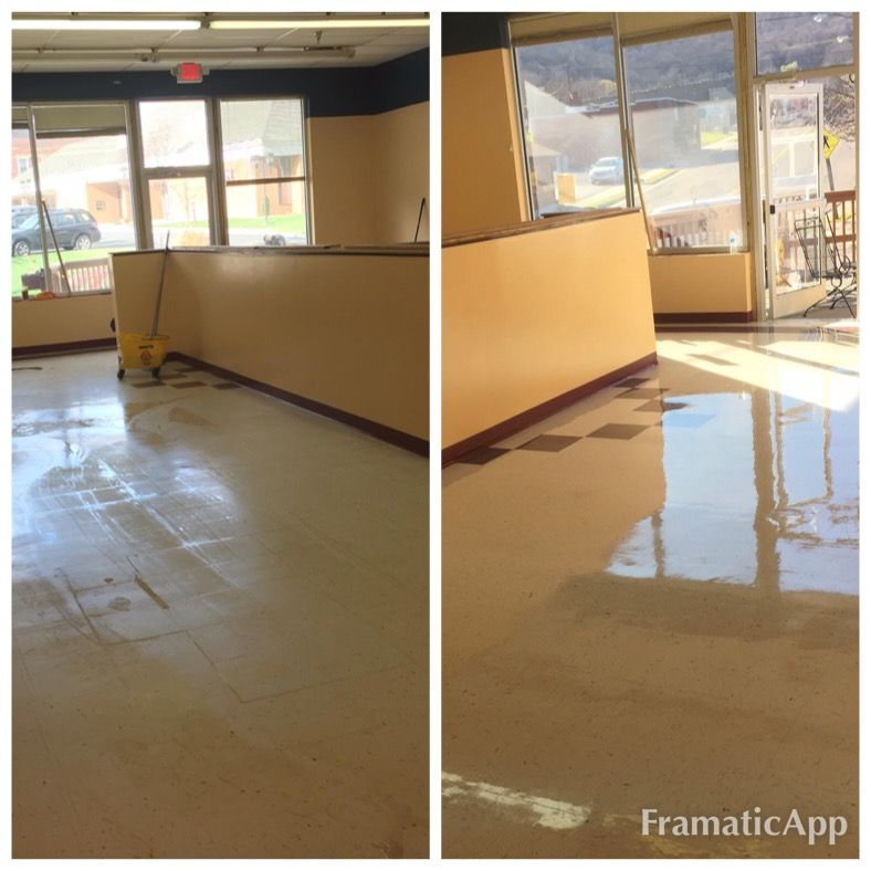 A before and after photo of a dirty and clean floor room.