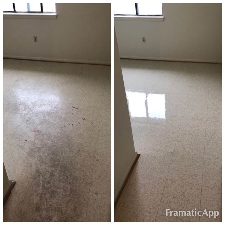 A before and after photo of a dirty floor and a clean floor
