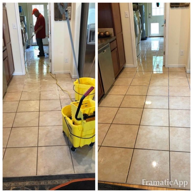 A picture of a kitchen floor before and after being cleaned.