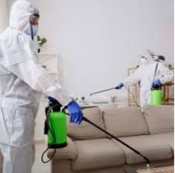 A man in a protective suit is spraying a couch in a living room.