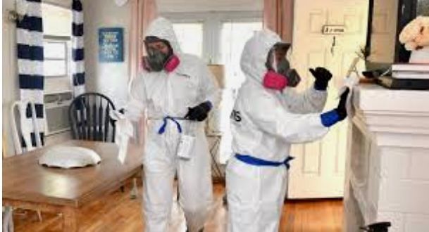 Two people in protective suits are cleaning a living room.