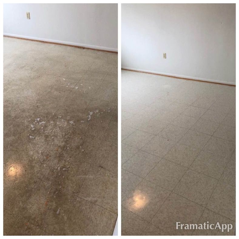 A before and after photo of a dirty floor and a clean floor.