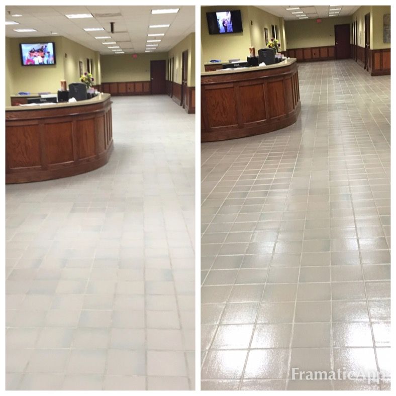 A before and after photo of a lobby with a tiled floor.
