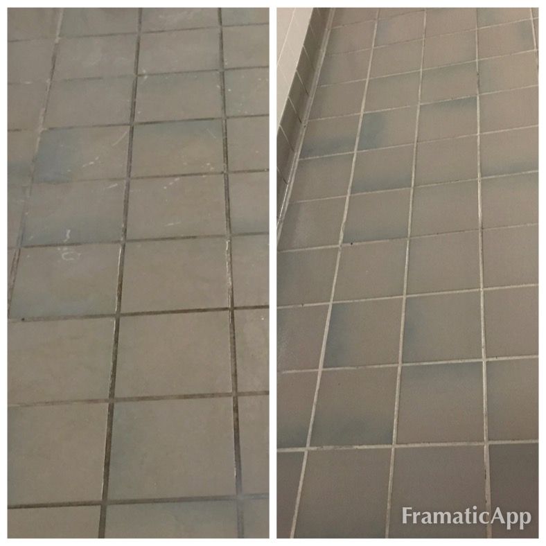A before and after photo of a dirty and cleaned tiled floor.