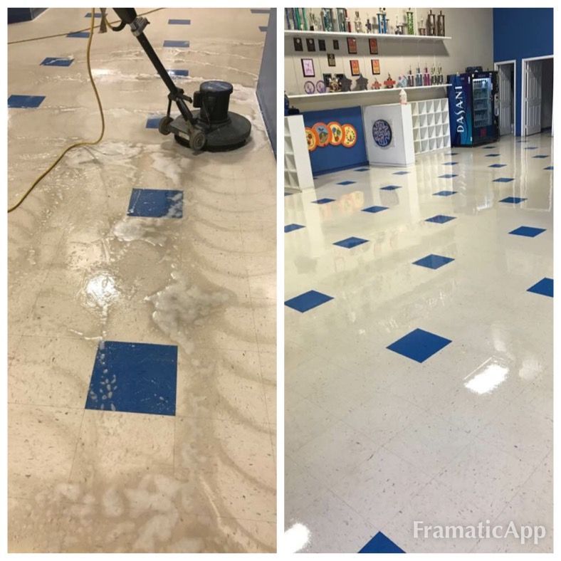 A before and after photo while cleaning and the cleaned tile floor.
