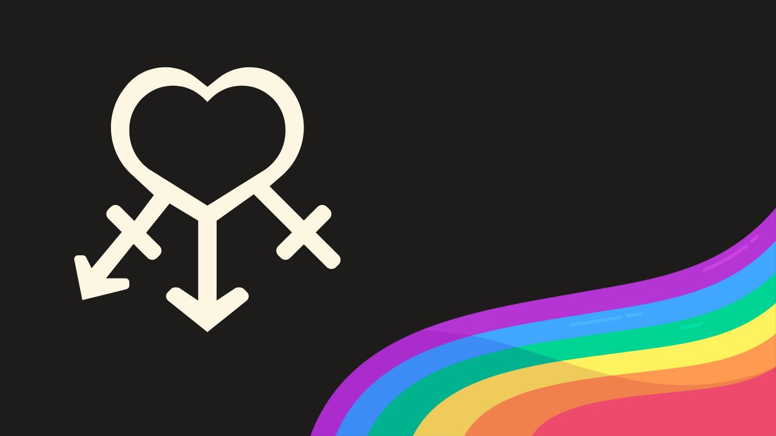 Zwarte vlag met wit hartsymbool en regenbooggolf.