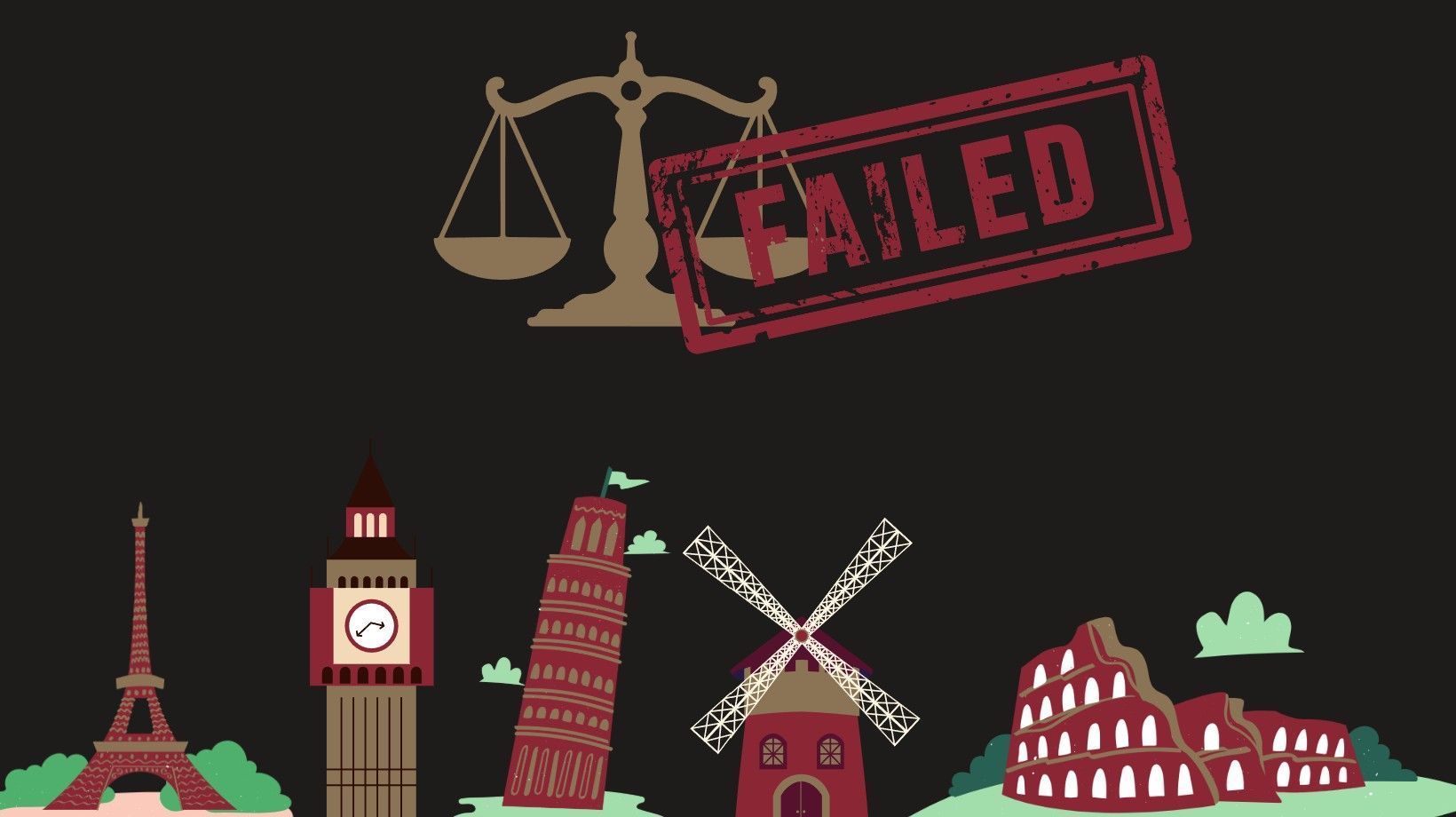 Afbeelding van Europese symbolen, een symbool van het recht met de tag 'failed' daar overheen.