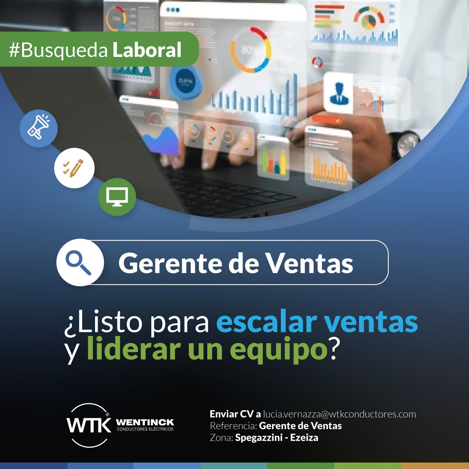 Job advertisement for a Sales Manager position. A person works on a laptop with data visualizations.