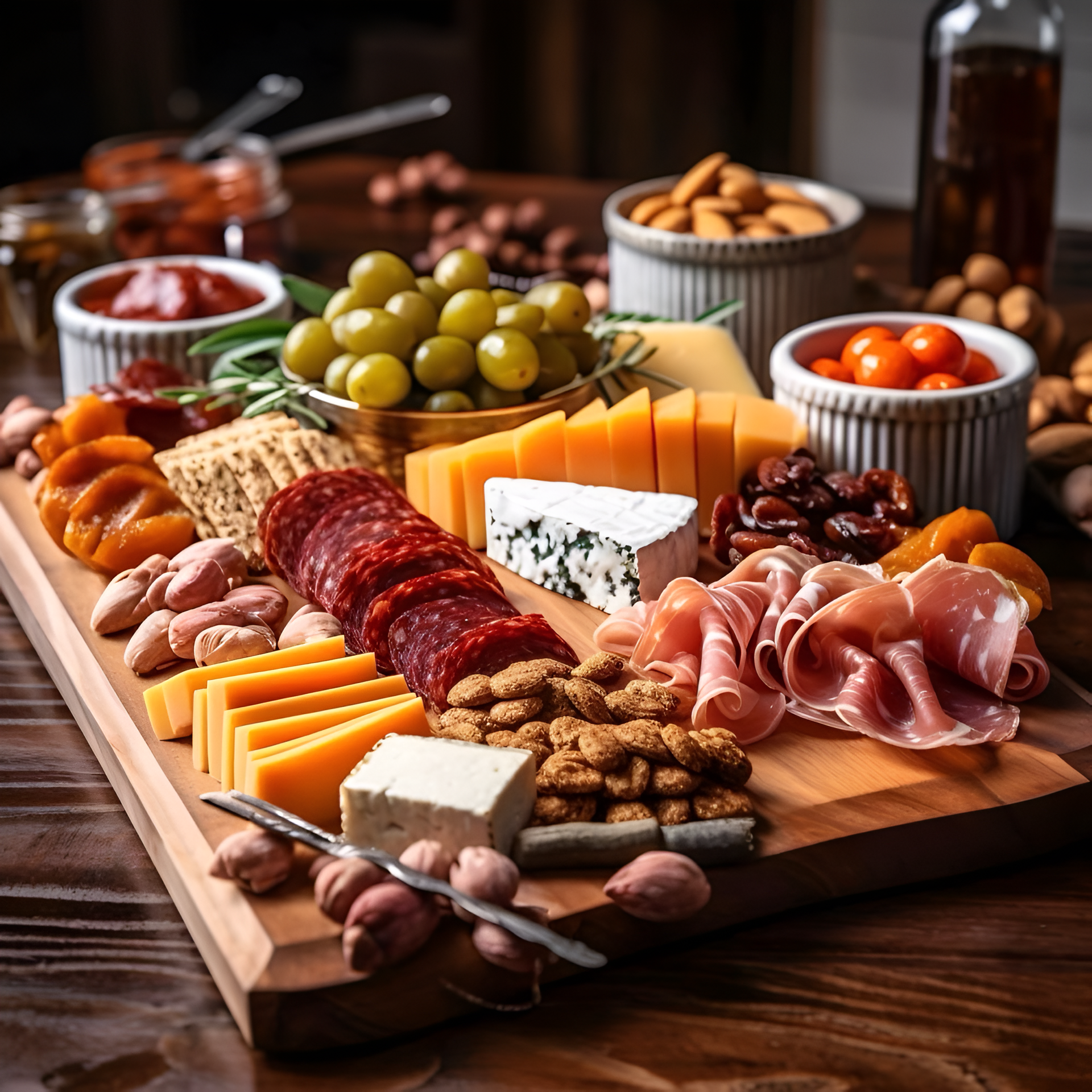 Charcuterie board with cheese, meats, fruits, nuts, and dips, on a wooden table.