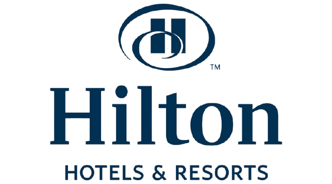Hilton Hotels & Resorts logo with blue text and emblem.