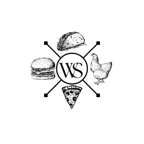 Logo with a burger, taco, pizza, and chicken surrounding a circle with 