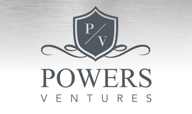 Powers Ventures logo, dark gray shield with initials PV, decorative swirls, and company name.