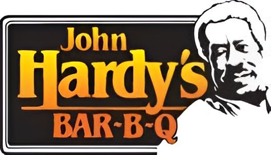 John Hardy's Bar-B-Q logo: Text on a black background, with a smiling man's face in silhouette.