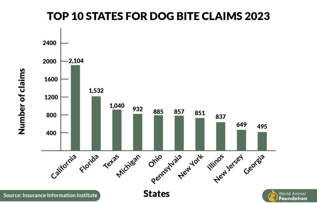 A graph showing the top 10 states for dog bite claims in 2023