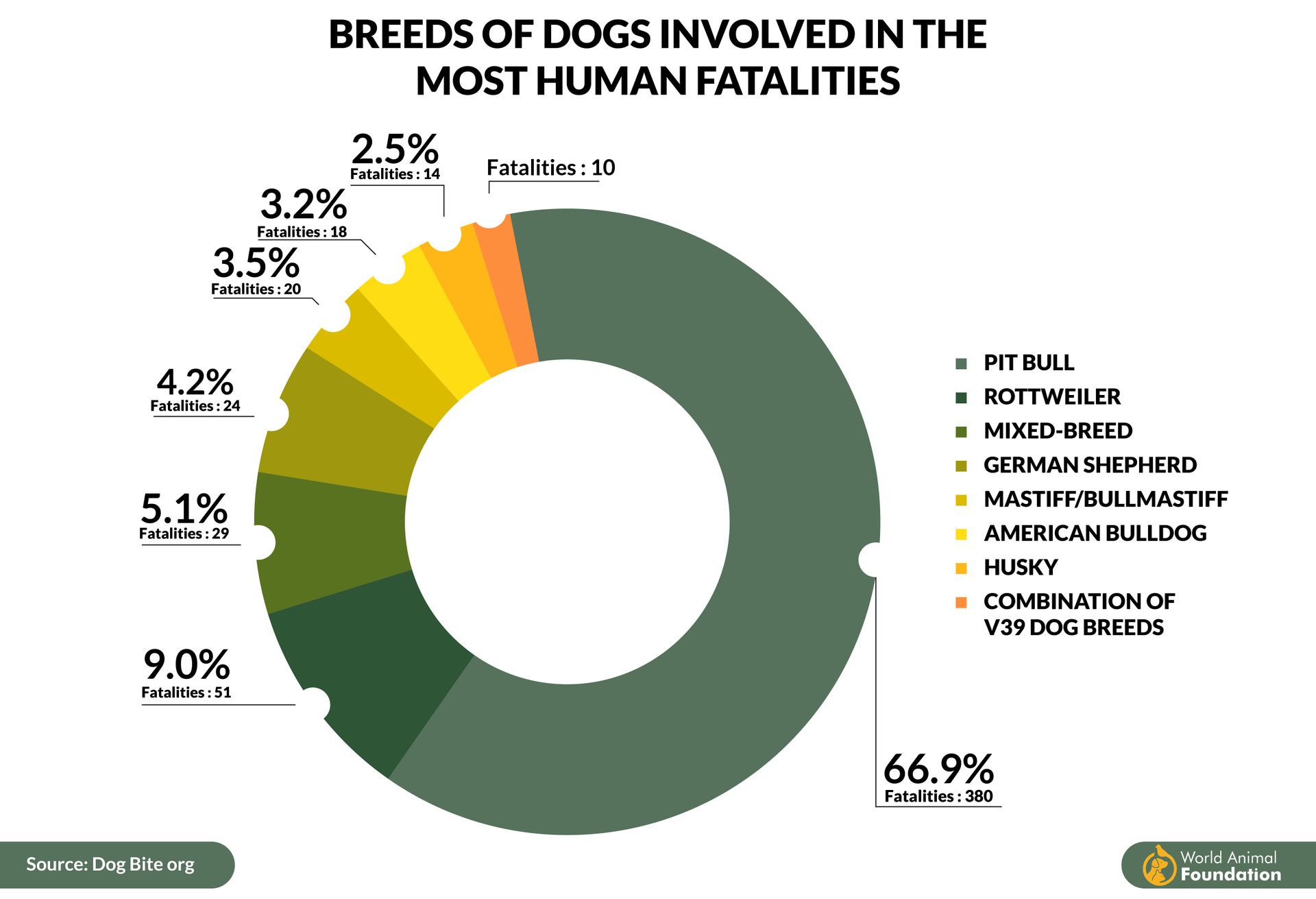 A pie chart showing the breeds of dogs involved in the most human fatalities.