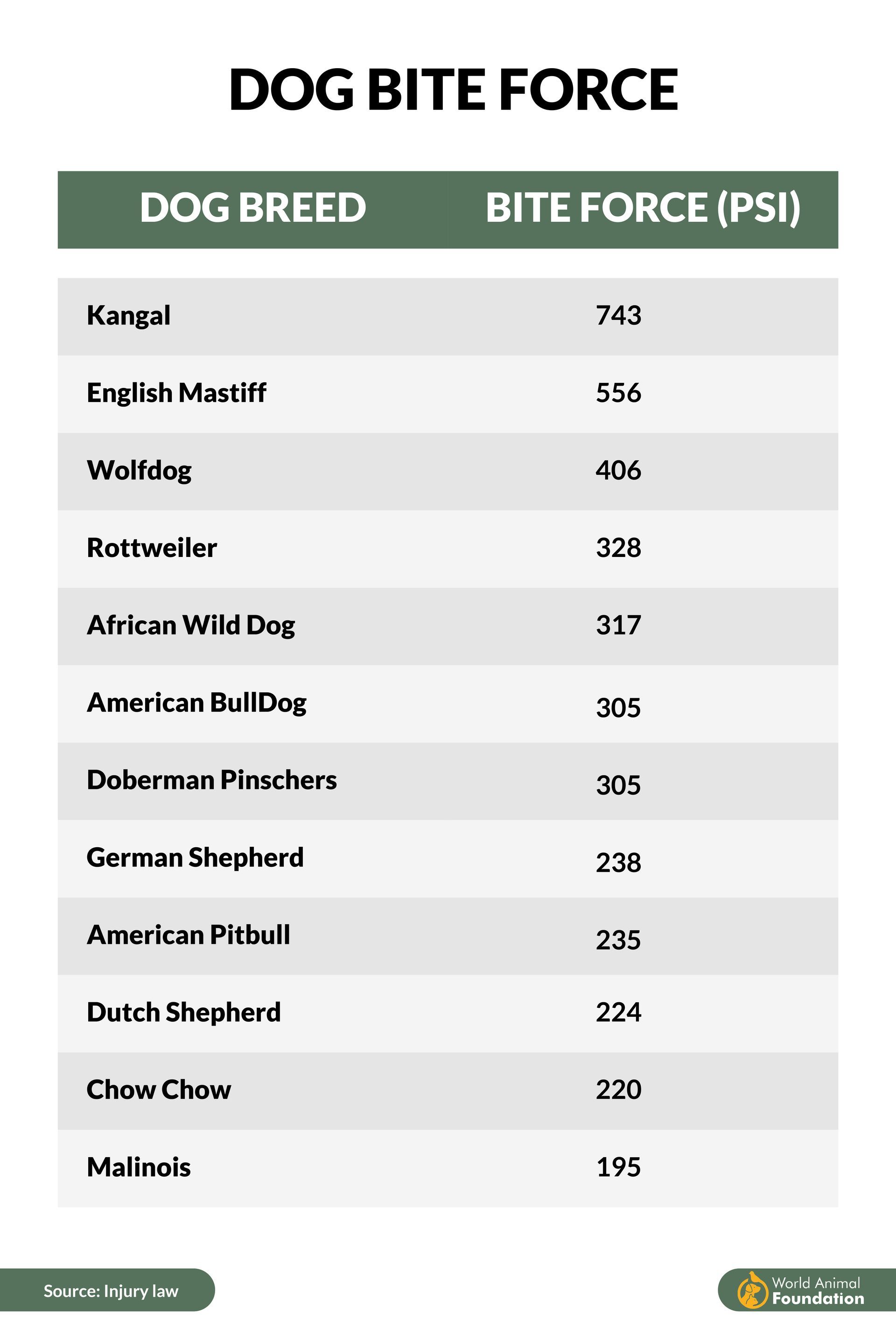 A table showing the dog bite force of different dog breeds.