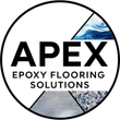 Circular logo for Apex Epoxy Flooring Solutions with abstract blue, gray, and speckled flooring texture sections.