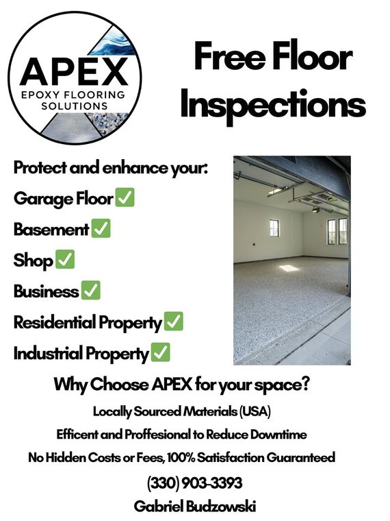 Flyer for Apex Epoxy Flooring Solutions offering free inspections, with contact info and list of serviced property types.