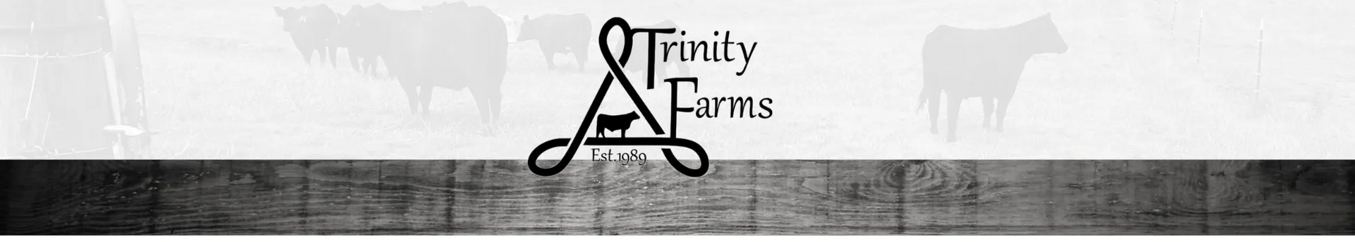 Monochrome farm banner with silhouetted cattle and a barn, featuring a centered “Trinity Farms” logo.