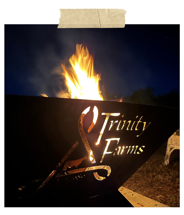 Trinity Farms fire pit sign glowing beside a bright flame at night