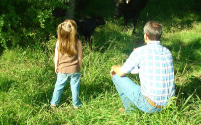 Two people sitting in tall grass near trees, looking toward a shaded area.