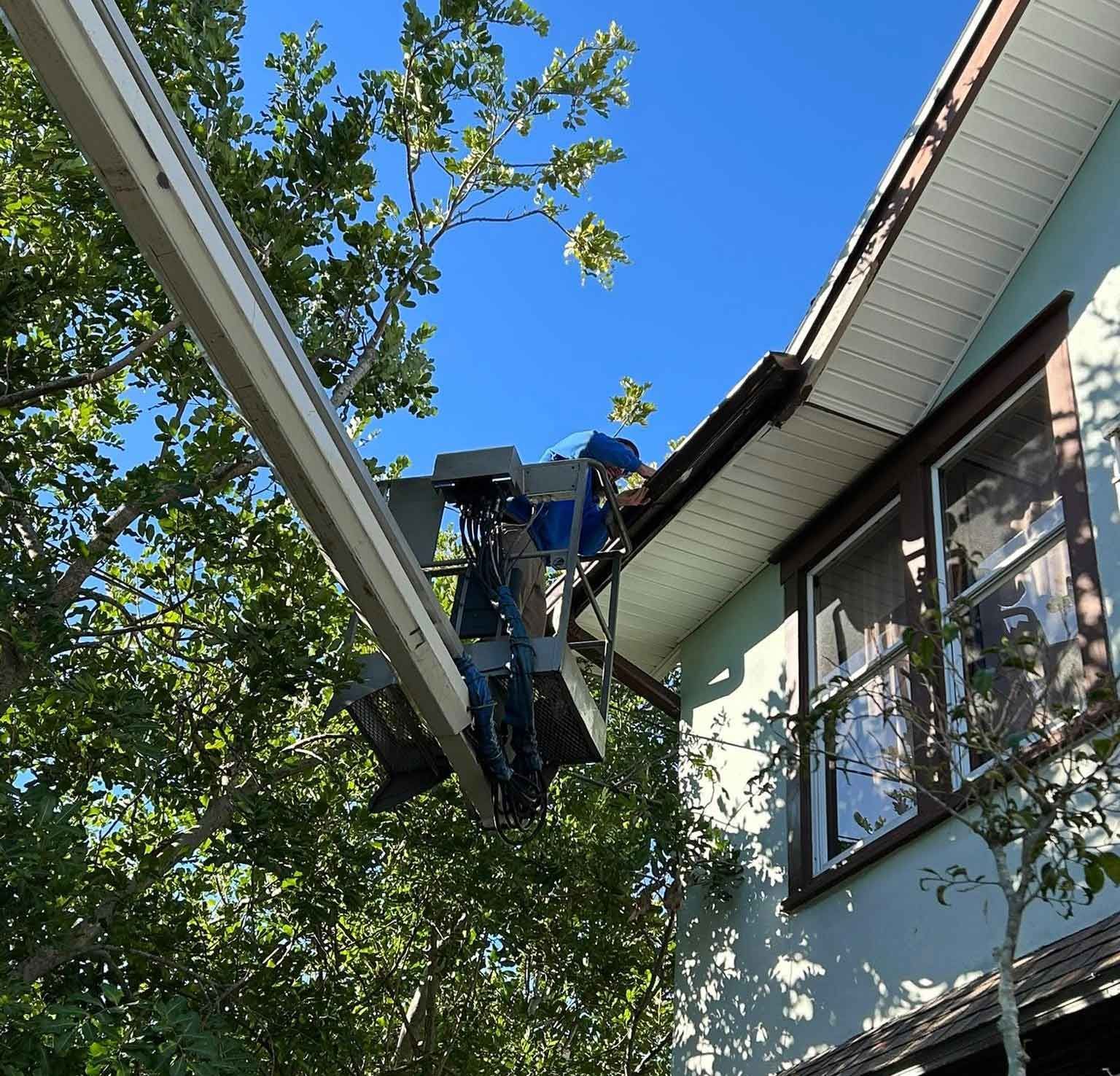 Man in lift basket trimming tree branches near a house with blue siding and white trim.