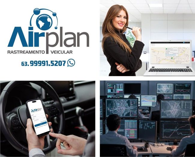 Montagem promocional para o sistema de rastreamento de veículos Airplan, mostrando um profissional de escritório, o uso do aplicativo móvel e uma sala de controle.