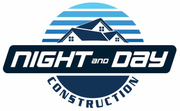 Logo for Night and Day Construction: blue and white houses over text "NIGHT and DAY", with "CONSTRUCTION" below.