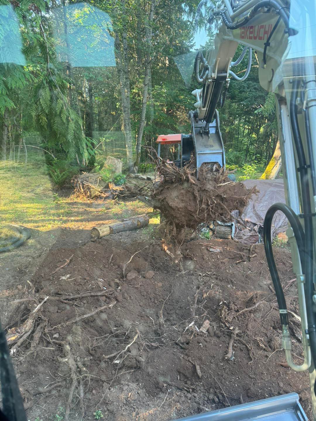 An excavator lifting tree roots from a dirt pile in a wooded area.