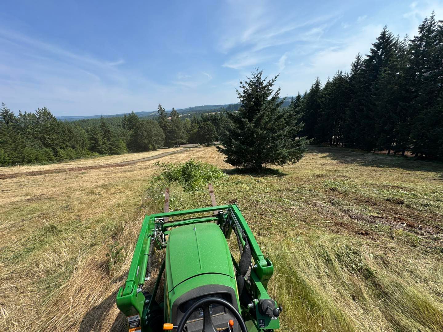Green tractor mowing a field under a blue sky with a line of trees in the distance.