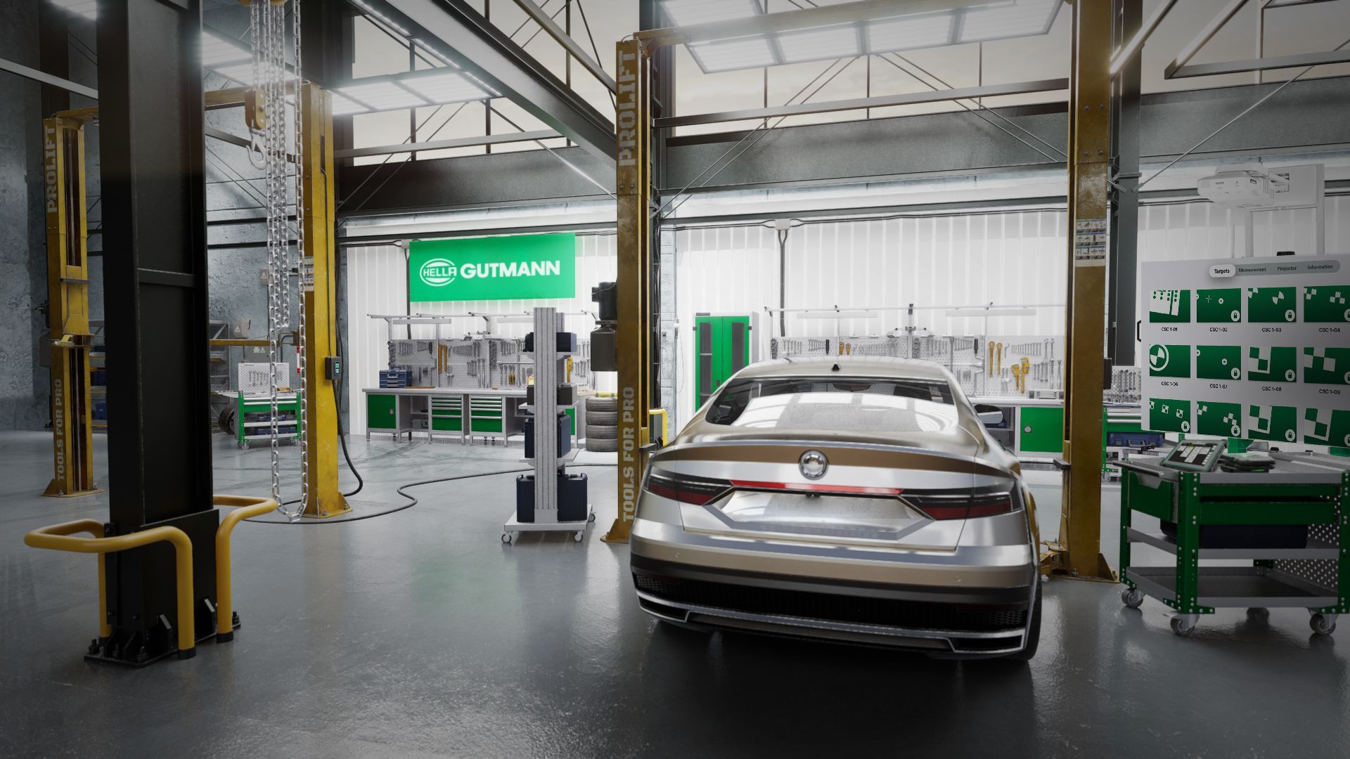 A car inside a bright auto repair shop with tools and lifts.