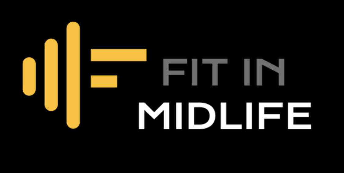 The logo for fit in midlife is yellow and white on a black background.