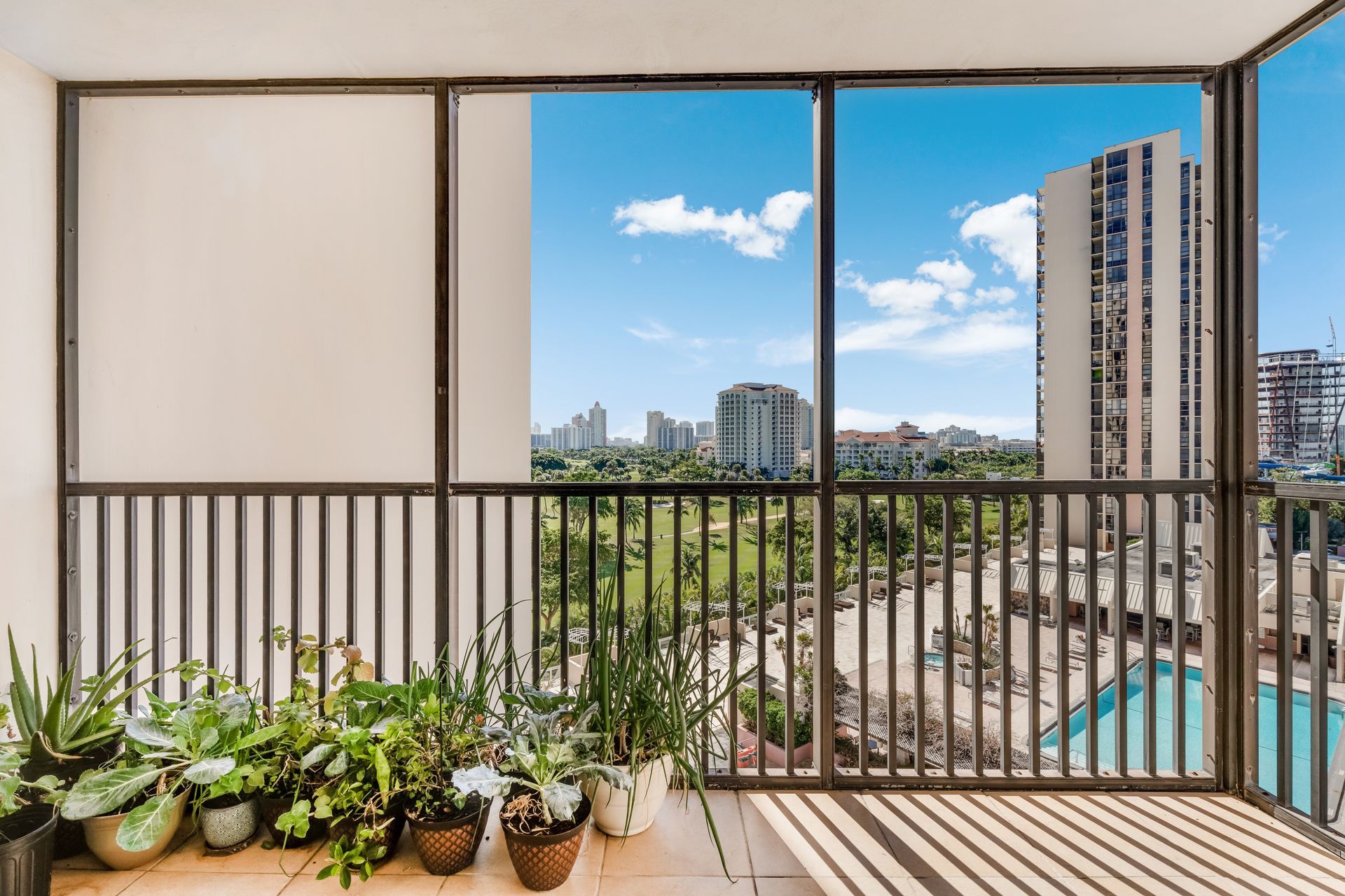 A sunlit balcony with several potted plants, overlooking a pool and cityscape under a clear blue sky.