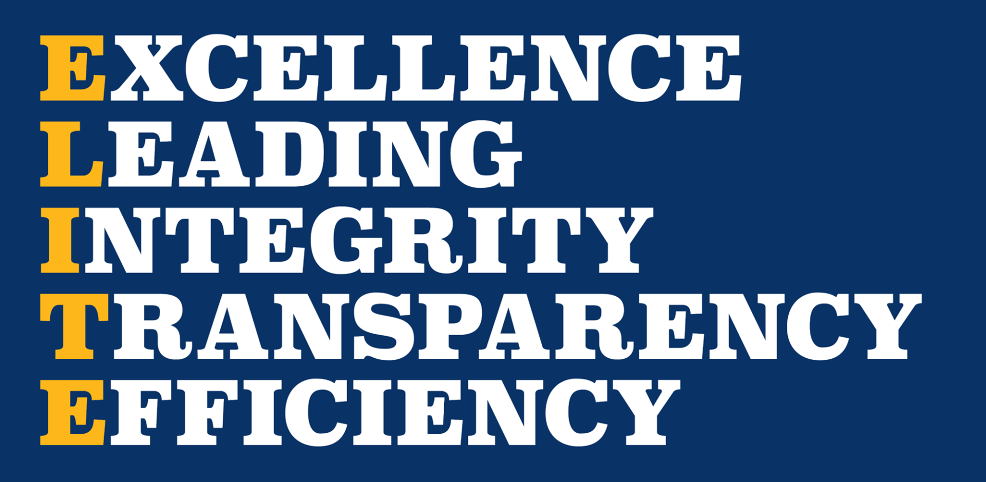 ELITE. Excellence, Leading, Integrity, Transparency, Efficiency
