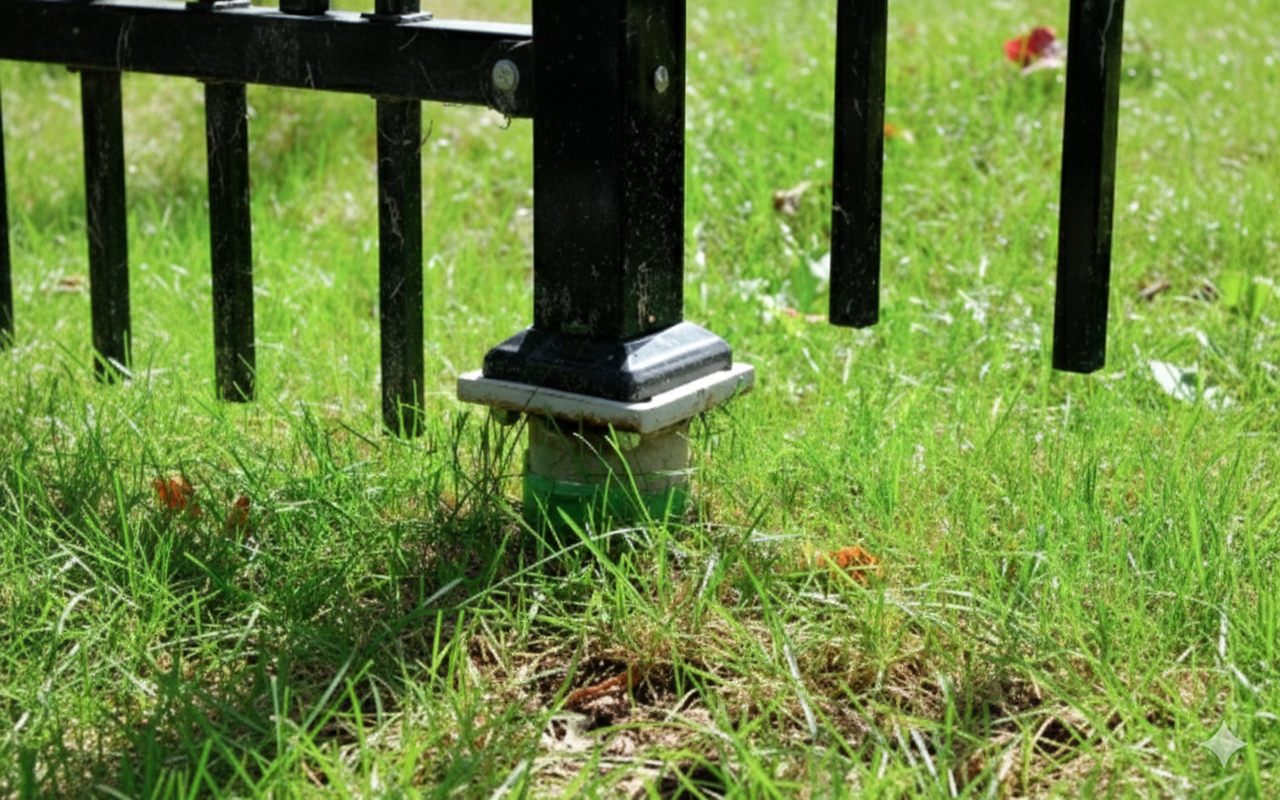 Black fence post set in green grass.