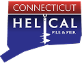 Logo for Connecticut Helical Pile & Pier; blue state outline, white text, red bar at top.