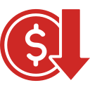 Red coin with a dollar sign, downward arrow indicates a price decrease.