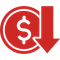 Red coin with a dollar sign, downward arrow indicates a price decrease.