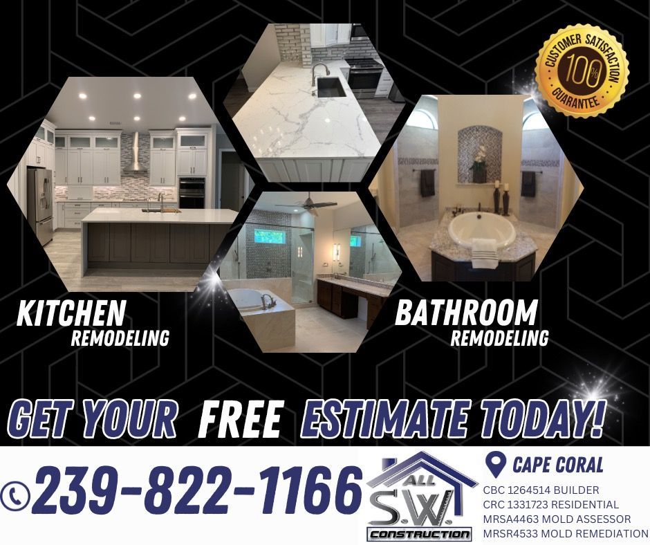 Kitchen and bathroom remodeling advertisement with images. Includes contact information for free estimates.