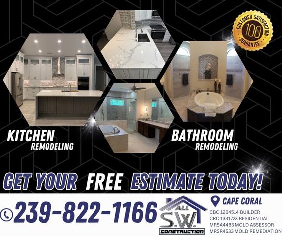 Kitchen and bathroom remodeling advertisement with images. Includes contact information for free estimates.