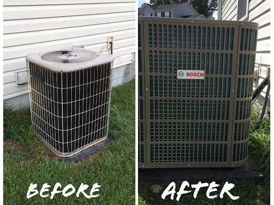Split screen showing an old HVAC unit on the left and a new, branded Bosch unit on the right outside a house.