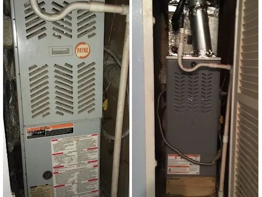 Two side-by-side photos of gray Payne gas furnaces installed in a vertical utility closet.