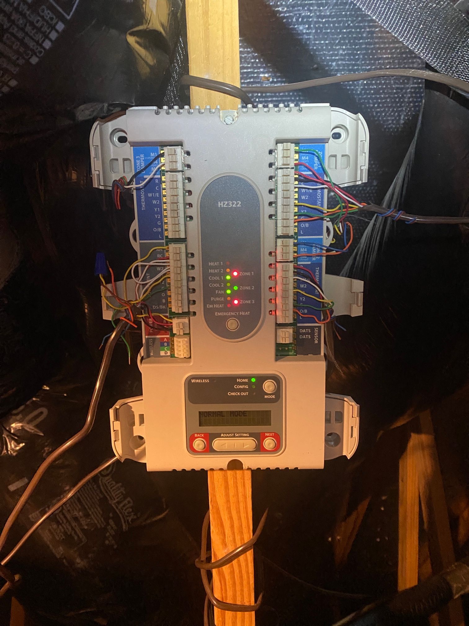 A gray HVAC zone control panel mounted on a wooden stud in an attic, featuring indicator lights and wired terminals.