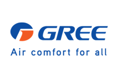 Gree logo featuring a blue and orange emblem next to the blue text 