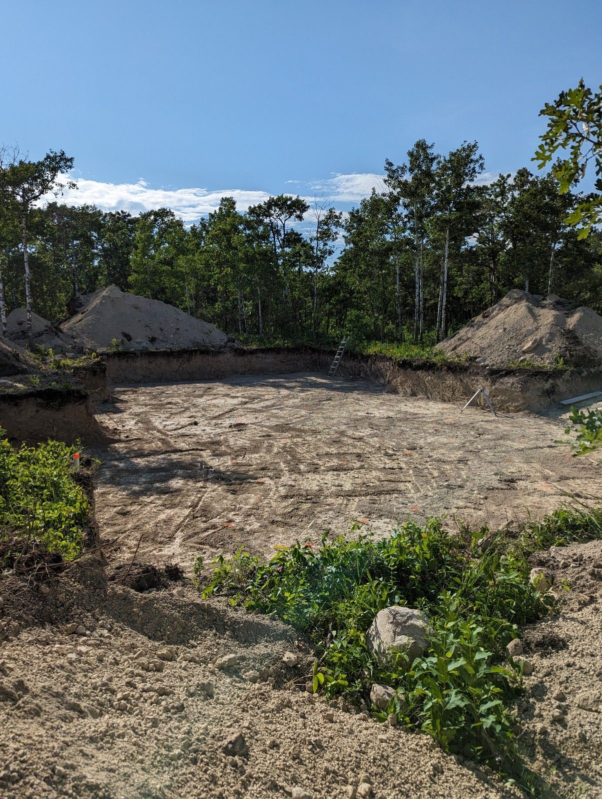 A large dirt field with trees in the background.